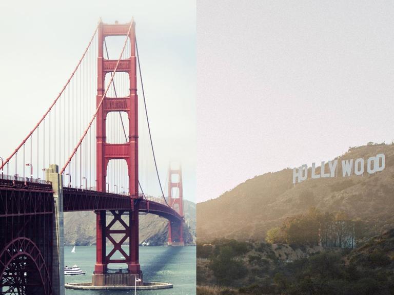 Auf der linken Seite die Golden Gate Bridge, rechts der Hollywood Schriftzug.