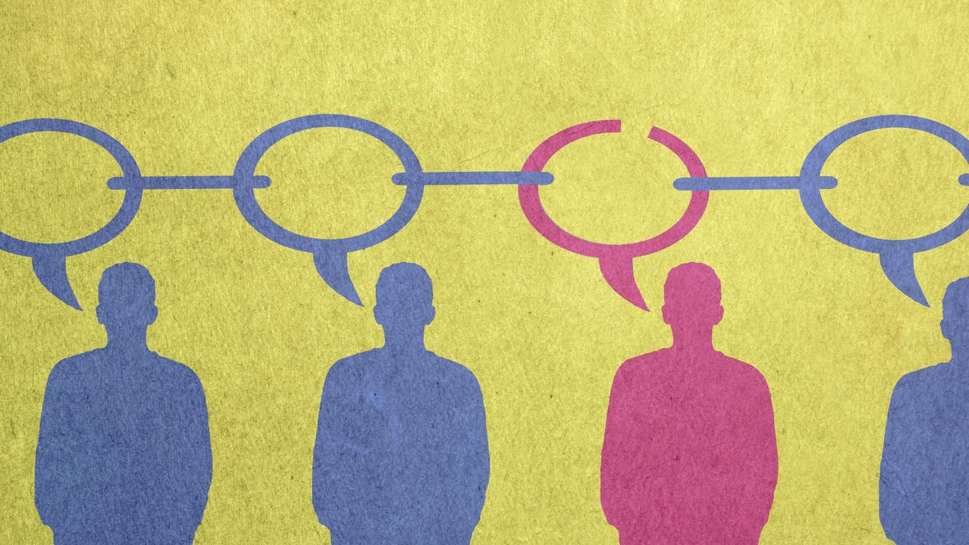 Illustration von Menschen deren Sprechblasen miteinander verbunden sind. Illustration von Menschen deren Sprechblasen miteinander verbunden sind.