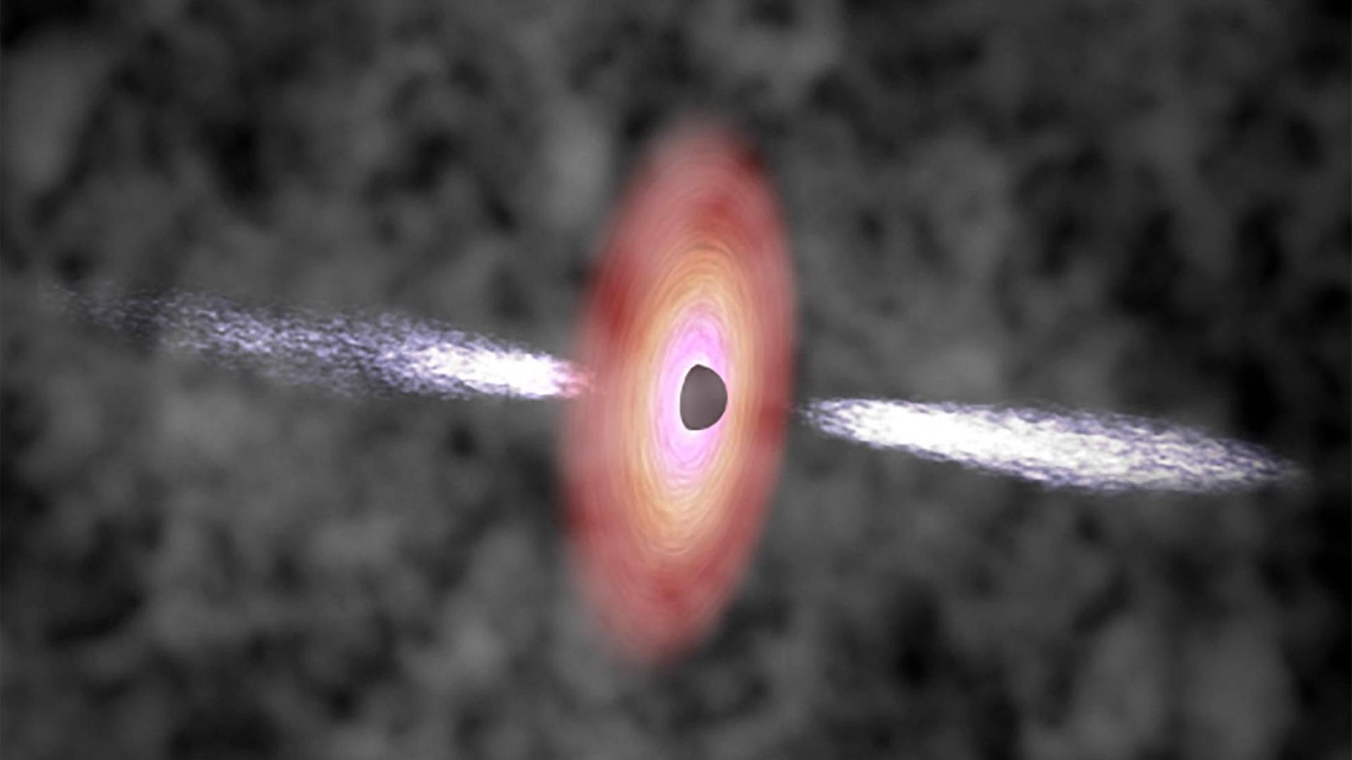 Künstlerische Darstellung eines Quasars – so ein Objekt heizt mit seiner intensiven Strahlung oft weite Gebiete in der Umgebung auf Künstlerische Darstellung eines Quasars – so ein Objekt heizt mit seiner intensiven Strahlung oft weite Gebiete in der Umgebung auf