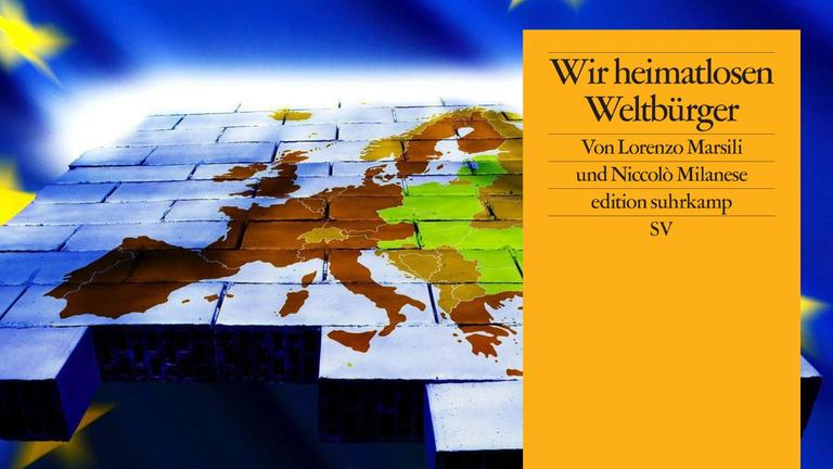 Hintergrund: Eine Landkarte der EU-Mitgliedsländer auf einer Wand aus Bausteinen, umrahmt von der EU-Flagge. Vordergrund: Buchcover Hintergrund: Eine Landkarte der EU-Mitgliedsländer auf einer Wand aus Bausteinen, umrahmt von der EU-Flagge. Vordergrund: Buchcover