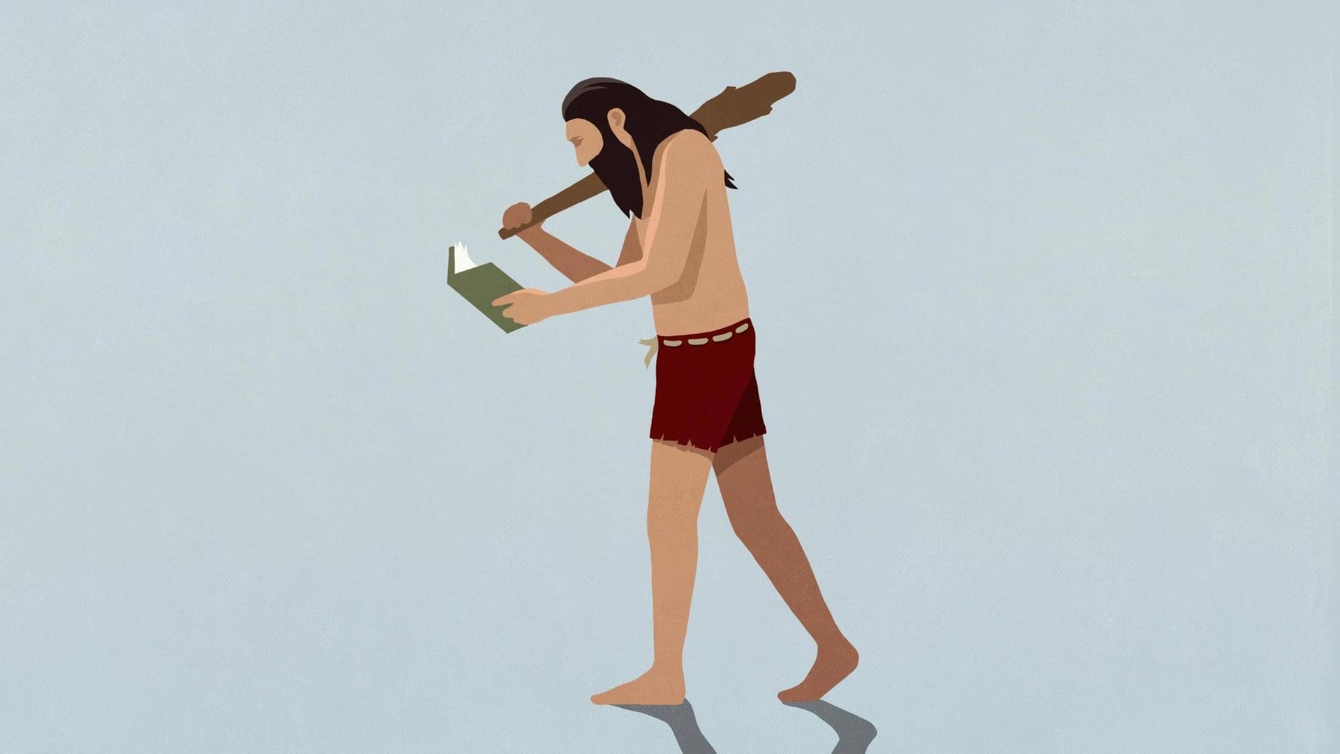 In der Illustration geht ein Neanderthaler während er ein Buch liest.