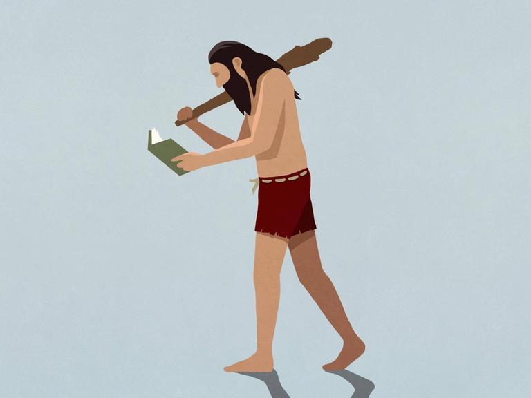 In der Illustration geht ein Neanderthaler während er ein Buch liest.