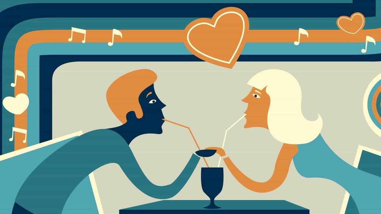 Illustration: ein Paar trinkt bei einem Date gemeinsam aus einem Glas. Illustration: ein Paar trinkt bei einem Date gemeinsam aus einem Glas.