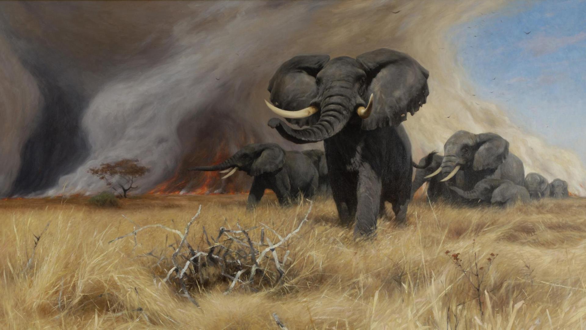 Ein Ölgemälde zeigt mehrere Elefanten in der afrikanischen Landschaft.