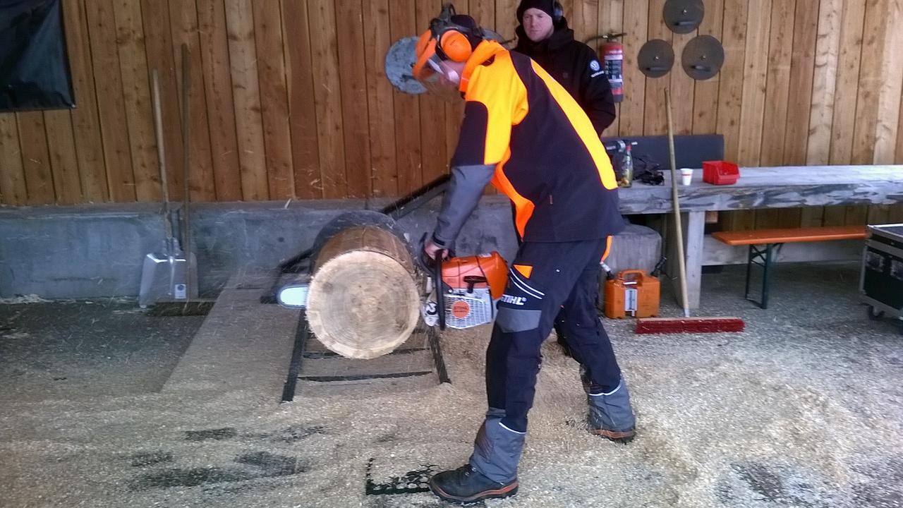 Ein Mann mit Ohrenschutz und Schutzkleidung durchsägt einen Baumstamm. Ein Mann mit Ohrenschutz und Schutzkleidung durchsägt einen Baumstamm.