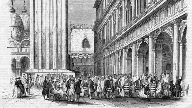 Eine auf 1845 datierte Zeichnung zeigt den Markusplatz in Venedig mit dem Cafe Florian Die Bildunterschrift spricht von einem "modischen Wasser-Loch"