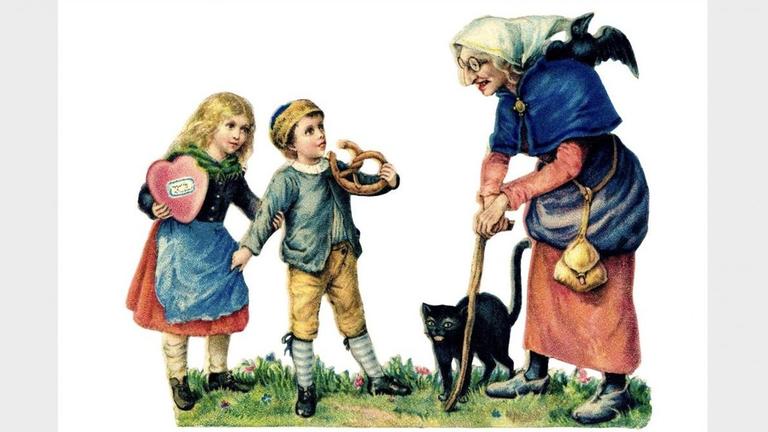 Hänsel und Gretel halten einander die Hand, während ihnen die Hexe samt Katze, Raben, Gehstock und krummen Buckel entgegentritt. Hänsel und Gretel halten einander die Hand, während ihnen die Hexe samt Katze, Raben, Gehstock und krummen Buckel entgegentritt.