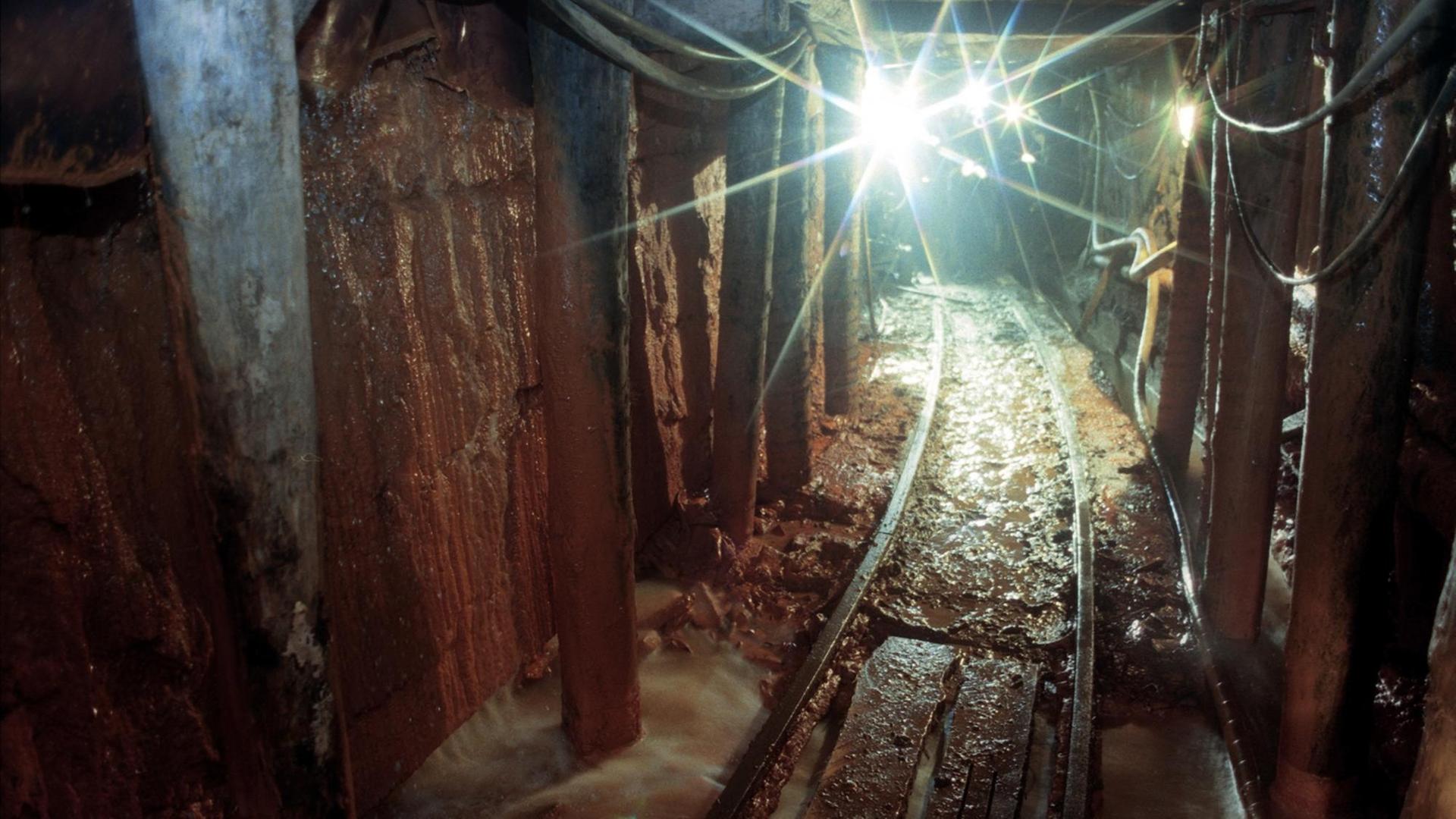 Ein Schacht einer Wismut-Grube 1996: Grubenwasser fließt in diesem Streckenabschnitt auf der 435-Meter-Sohle. Nur ein Bruchteil der einst 1.034 km offenen Grubenbaue ist derzeit noch begehbar. Ein Schacht einer Wismut-Grube 1996: Grubenwasser fließt in diesem Streckenabschnitt auf der 435-Meter-Sohle. Nur ein Bruchteil der einst 1.034 km offenen Grubenbaue ist derzeit noch begehbar.