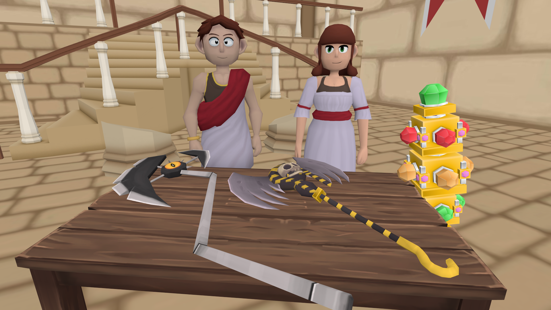 Der Spieler blickt auf zwei Protagonisten aus dem Computerspiel "Chainbreakers". Vor ihm ist ein Tisch, auf dem zwei kostbare Äxte liegen. Der Spieler blickt auf zwei Protagonisten aus dem Computerspiel "Chainbreakers". Vor ihm ist ein Tisch, auf dem zwei kostbare Äxte liegen.