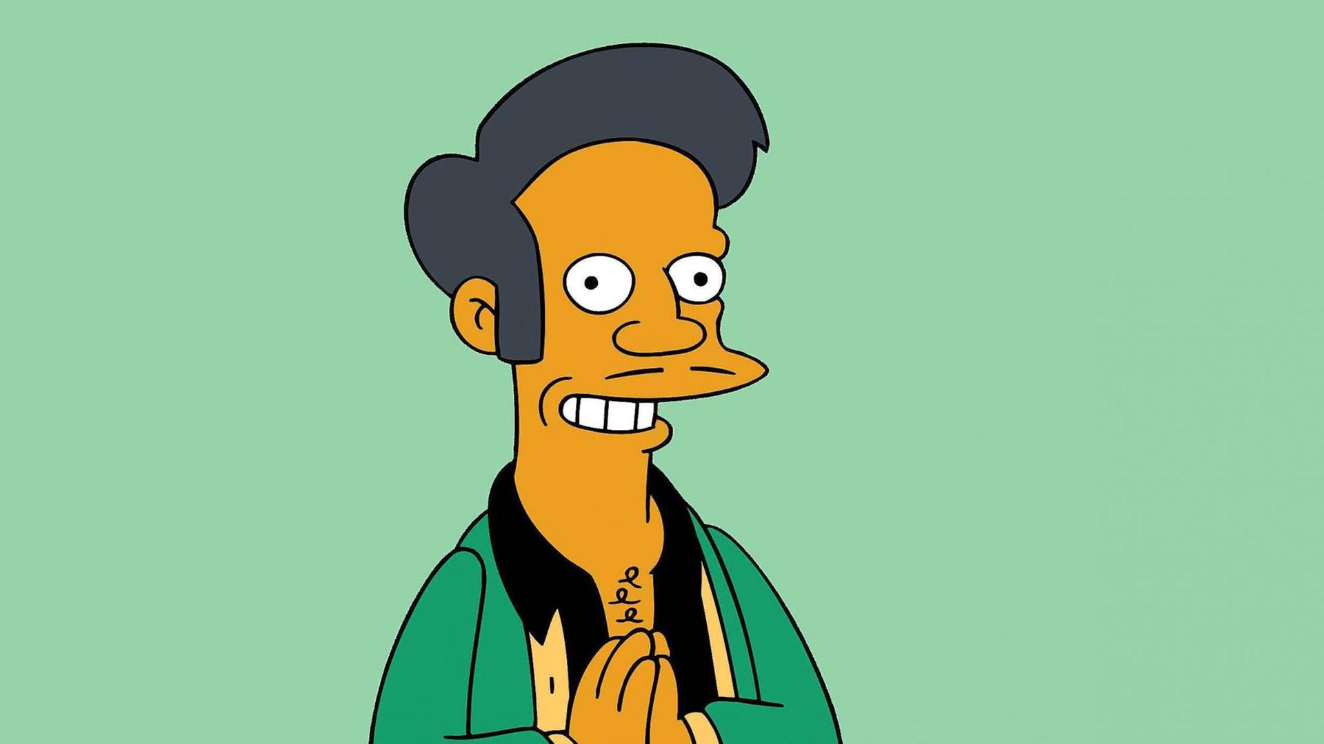 Die Simpsons-Figur Apu mit gefalteten Händen vor grünem Hintergrund.