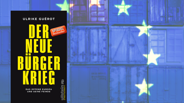 Im Vordergrund das Buchcover von "Der neue Bürgerkrieg", im Hintergrund die Fahne der Europäischen Union