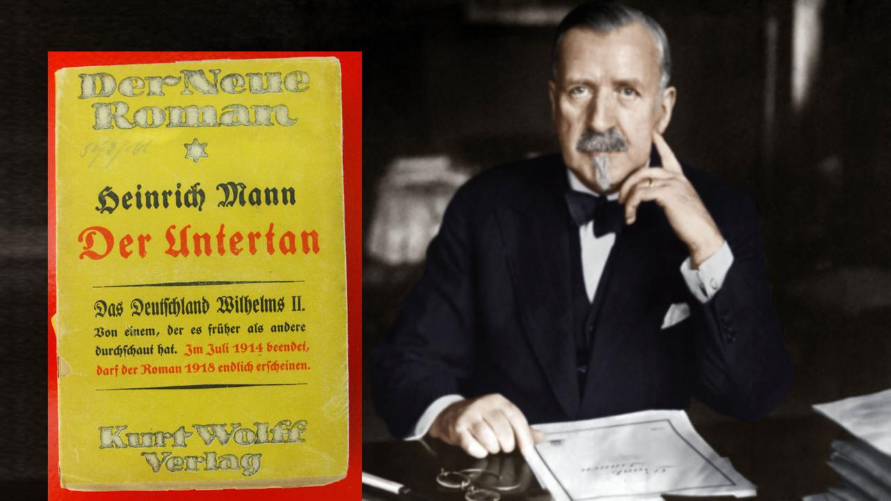 Im  Vordergrund das Cover von Heinrich Manns "Untertan", im Hintergrund der Autor am Schreibtisch sitzend.