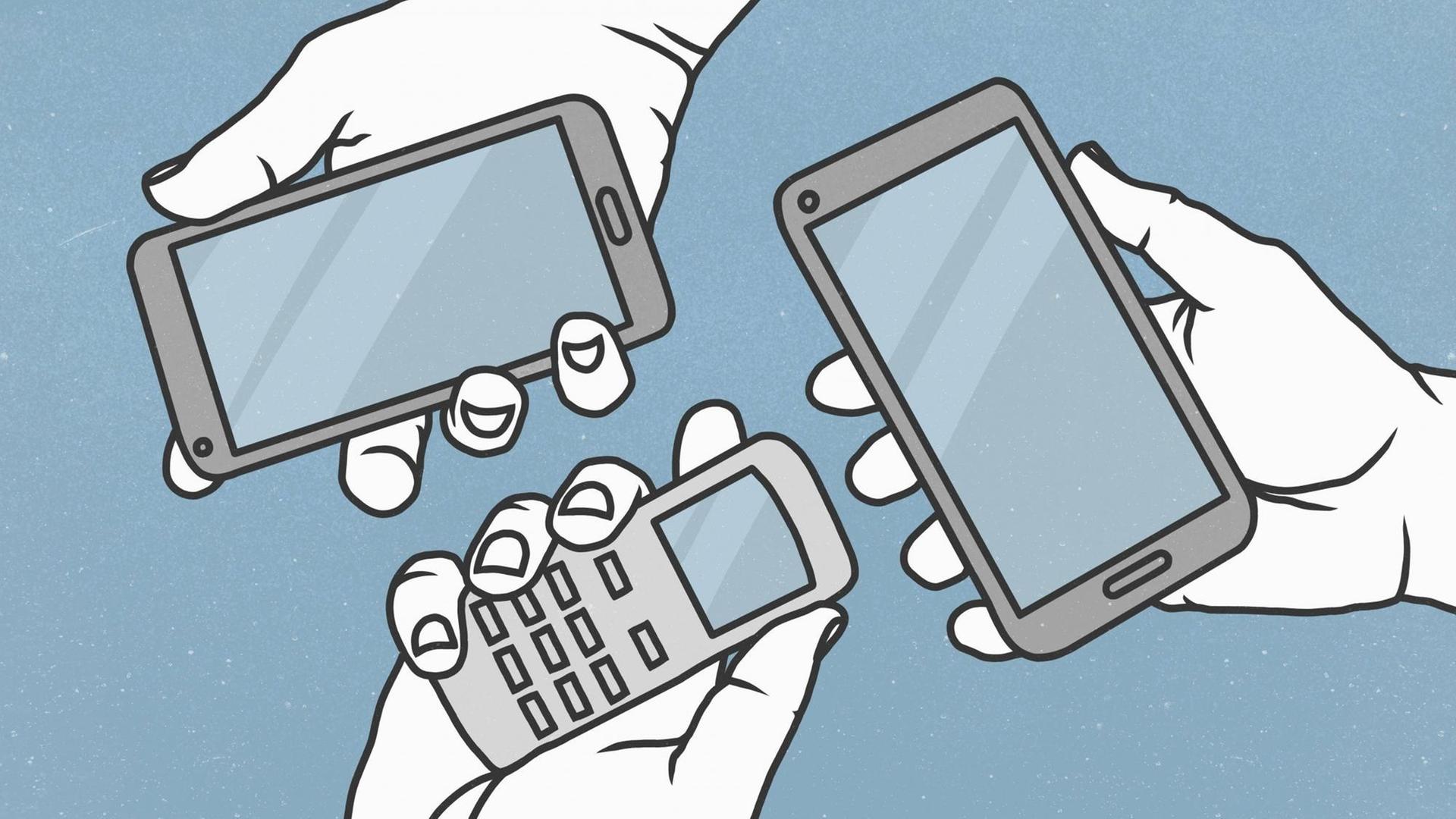 Illustration von drei Händen, die ein Smartphone mit leerem Display halten. Illustration von drei Händen, die ein Smartphone mit leerem Display halten.