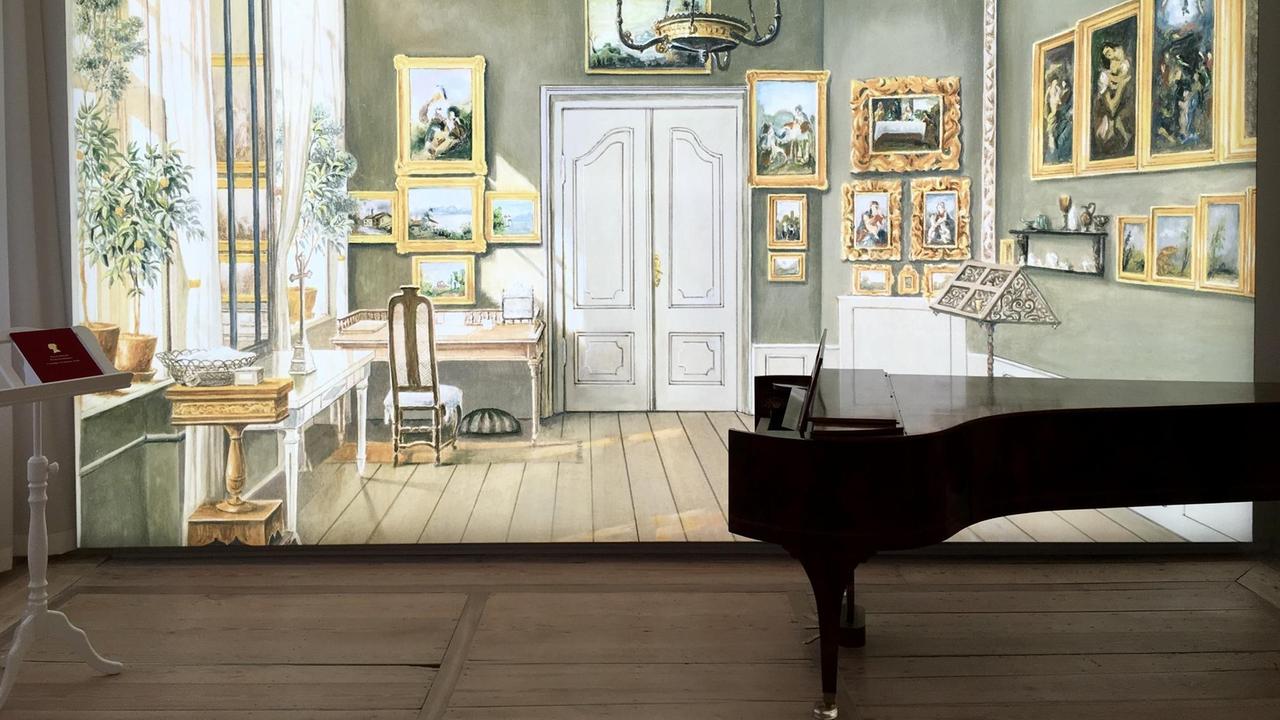 Blick in einen Ausstellungsraum mit einem Wandgemälde. Blick in einen Ausstellungsraum mit einem Wandgemälde.