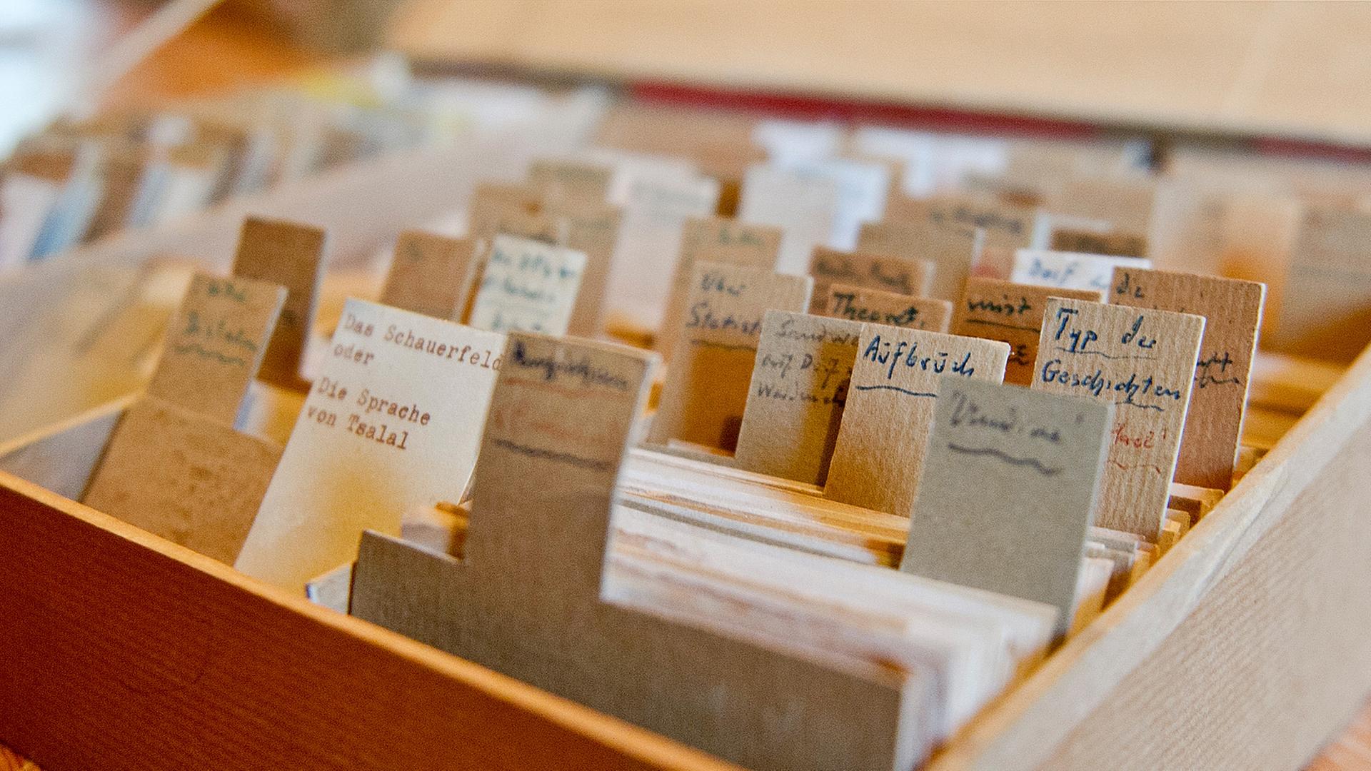 Eine Box mit Notizen des Schriftstellers Arno Schmidt, steht am 08.01.2014 in seinem ehemaligen Haus in Bargfeld (Niedersachsen). Eine Box mit Notizen des Schriftstellers Arno Schmidt, steht am 08.01.2014 in seinem ehemaligen Haus in Bargfeld (Niedersachsen).
