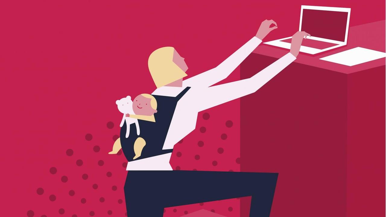 Illustration: Beschäftigte arbeitende Mutter mit Laptop und Baby auf dem Rücken. Illustration: Beschäftigte arbeitende Mutter mit Laptop und Baby auf dem Rücken.