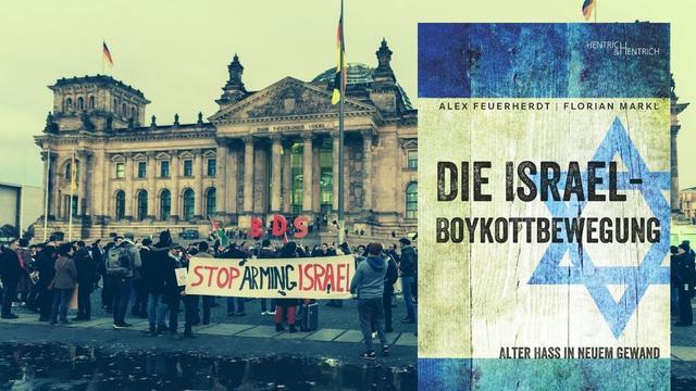 Hintergrundbild: Anhänger der BDS-Kampagne Boycott, Divestment and Sanctions aus ganz Europa protestieren mit einer Kundgebung vor dem Berliner Reichstagsgebäude. Vordergrund: Buchcover