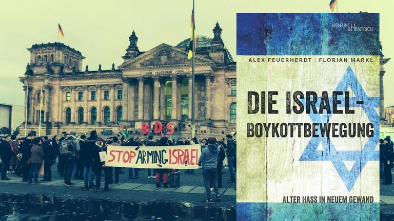 Hintergrundbild: Anhänger der BDS-Kampagne Boycott, Divestment and Sanctions aus ganz Europa protestieren mit einer Kundgebung vor dem Berliner Reichstagsgebäude. Vordergrund: Buchcover Hintergrundbild: Anhänger der BDS-Kampagne Boycott, Divestment and Sanctions aus ganz Europa protestieren mit einer Kundgebung vor dem Berliner Reichstagsgebäude. Vordergrund: Buchcover