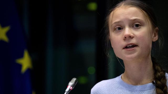 Swedish climate activist Greta Thunberg speaks during a meeting at the European Parliament in Brussels on March 4, 2020, on the day the European Union unveils a landmark law to achieve "climate neutrality" by 2050. - The Swedish eco-warrior, who is in the Belgian capital for a March 6 protest, attended a meeting of European Commissioners, the top EU officials who will greenlight the draft law, and will appear before a European Parliament committee. (Photo by Kenzo TRIBOUILLARD / AFP)