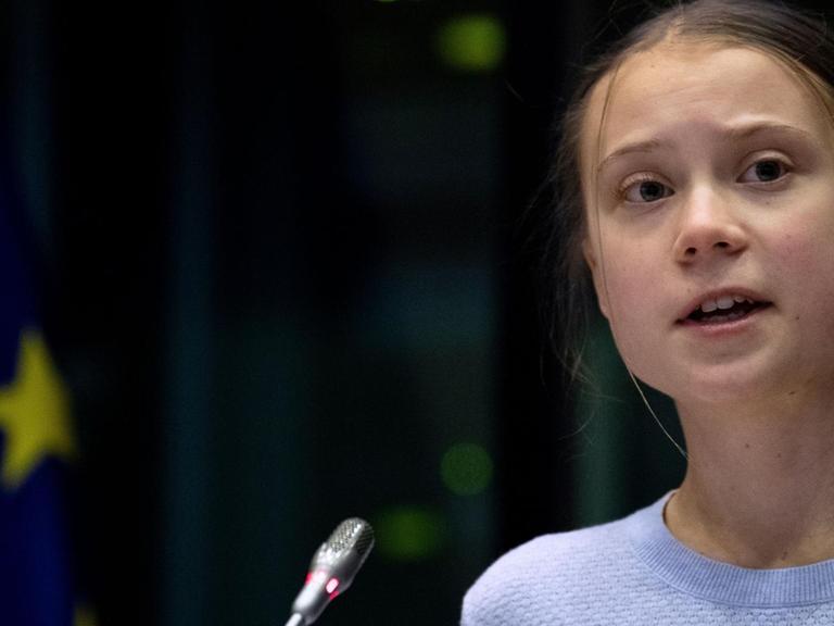 Swedish climate activist Greta Thunberg speaks during a meeting at the European Parliament in Brussels on March 4, 2020, on the day the European Union unveils a landmark law to achieve "climate neutrality" by 2050. - The Swedish eco-warrior, who is in the Belgian capital for a March 6 protest, attended a meeting of European Commissioners, the top EU officials who will greenlight the draft law, and will appear before a European Parliament committee. (Photo by Kenzo TRIBOUILLARD / AFP)