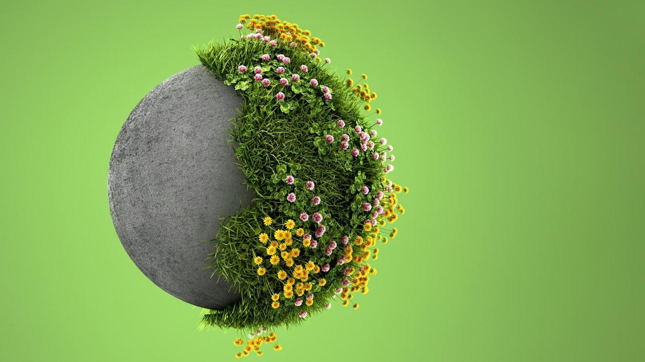 Dreidimensionale Darstellung einer Frühlingswiese, die eine Betonerdkugel überwuchert vor einem grünen Hintergrund.