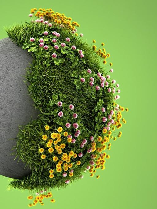 Dreidimensionale Darstellung einer Frühlingswiese, die eine Betonerdkugel überwuchert vor einem grünen Hintergrund.