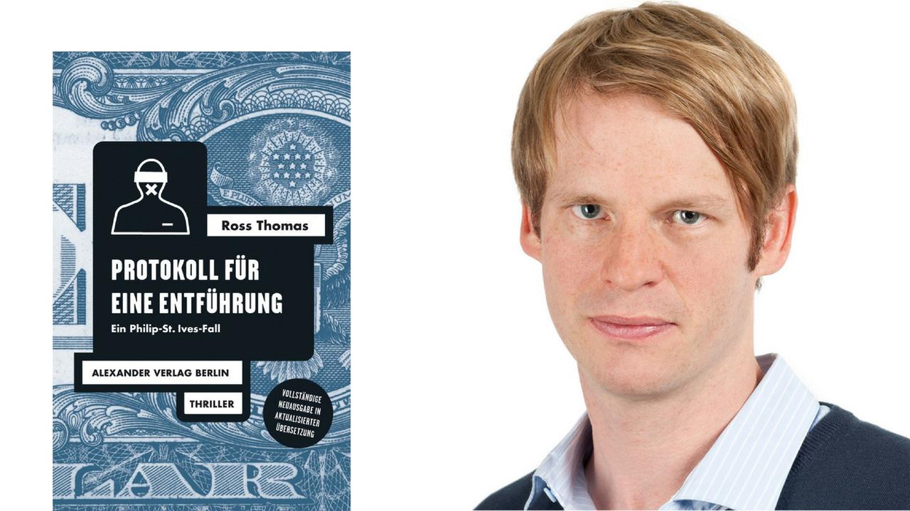 Der Literaturkritiker Kolja Mensing vor einem weißen Hintergrund. Daneben das Cover des Buches "Protokoll für eine Entführung".