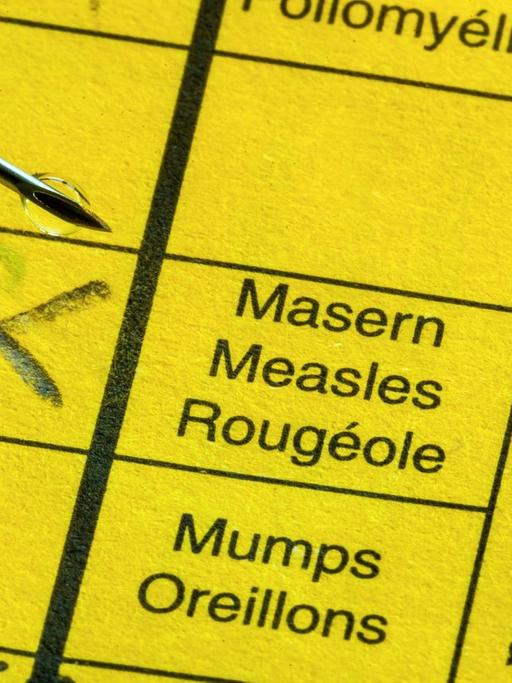 Ein gelber Impfpass mit Spritze: Bei "Masern" steht ein Kreuz.