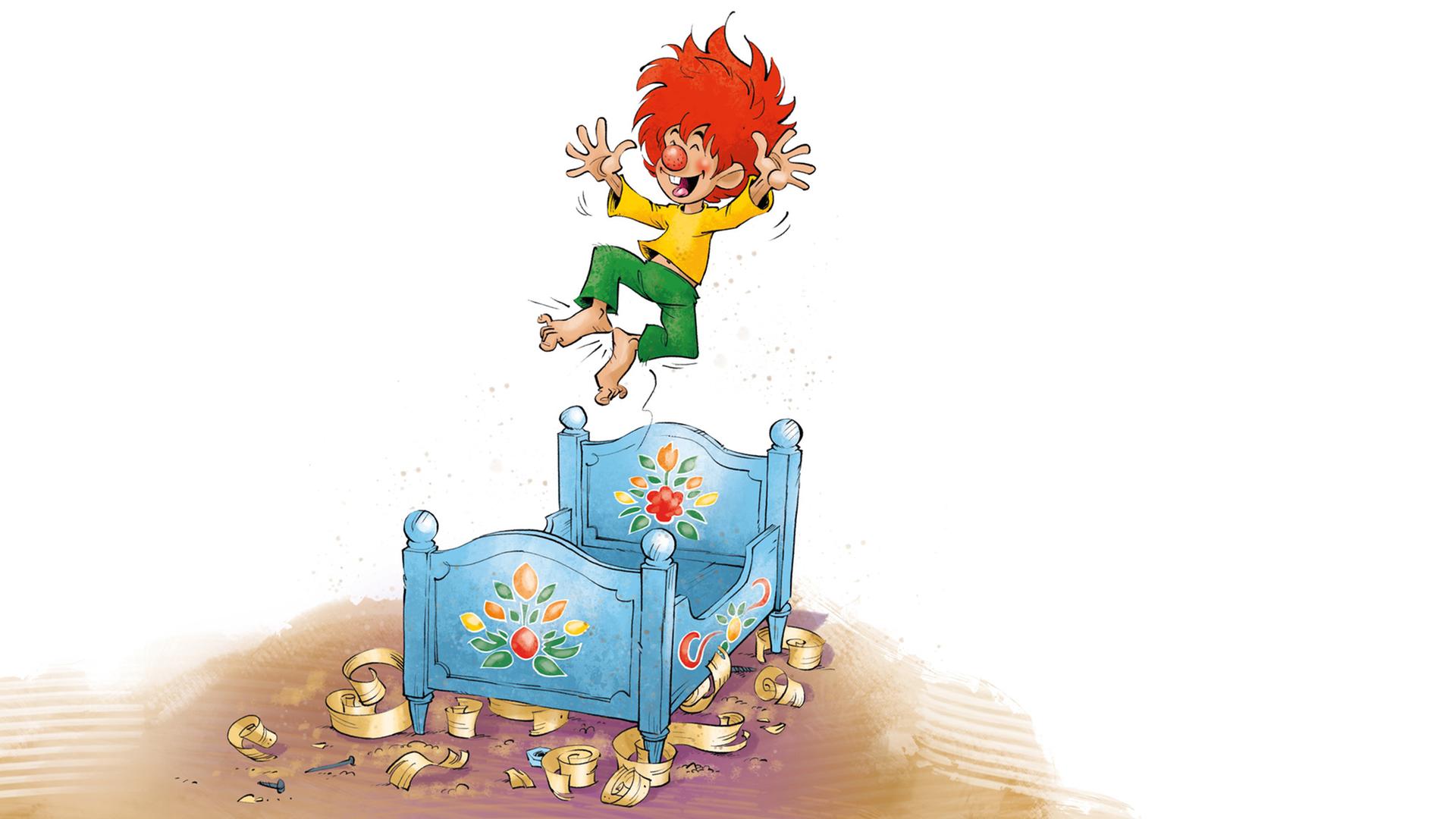 Zu sehen ist der Kobold Pumuckl, der über einem blauen Bett hüpft. Zu sehen ist der Kobold Pumuckl, der über einem blauen Bett hüpft.