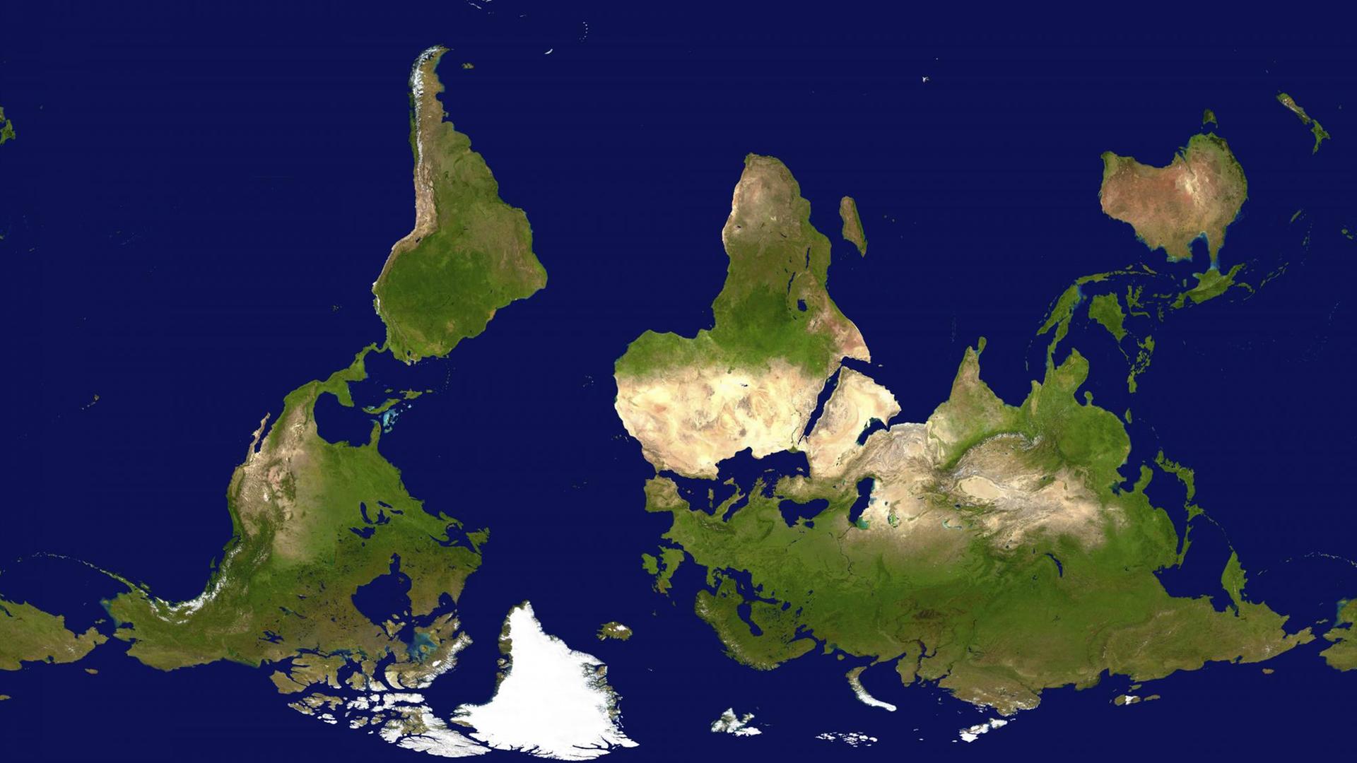 Geographische Weltkarte, umgedrehte Darstellung Geographische Weltkarte, umgedrehte Darstellung