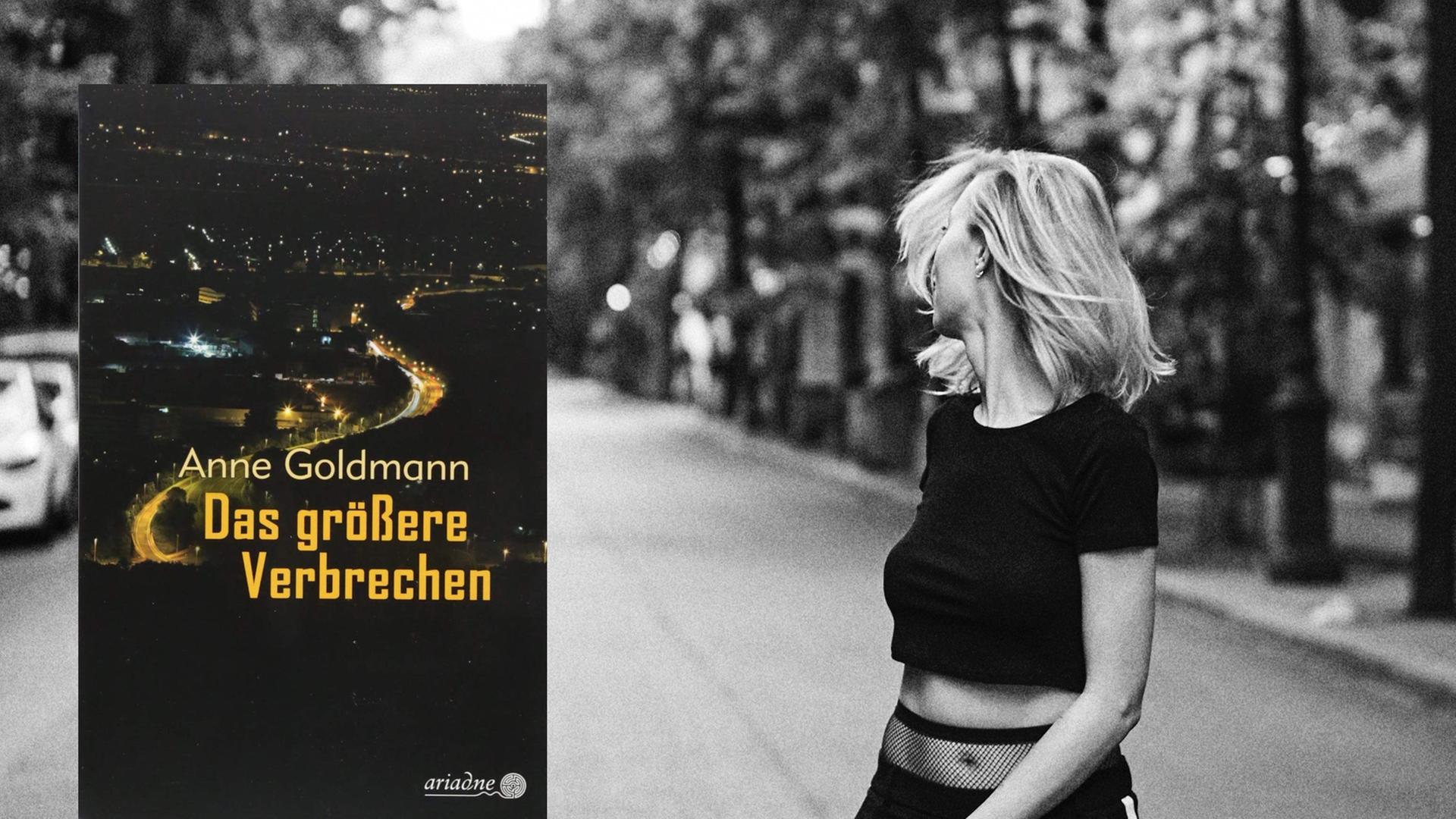 Cover von Anne Goldmanns Buch "Das größere Verbrechen". Im Hintergrund ist das SW-Foto einer Frau zu sehen, die auf einer Strßae läuft und sich gerade umdreht. Cover von Anne Goldmanns Buch "Das größere Verbrechen". Im Hintergrund ist das SW-Foto einer Frau zu sehen, die auf einer Strßae läuft und sich gerade umdreht.