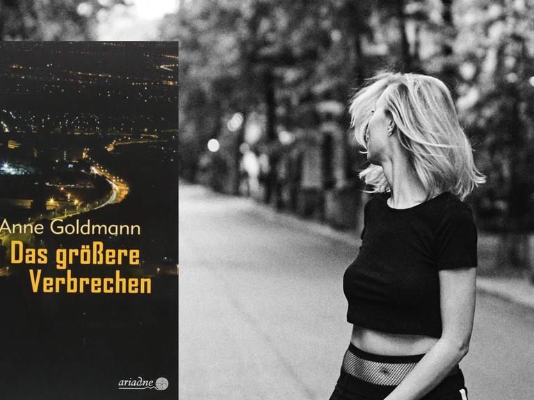 Cover von Anne Goldmanns Buch "Das größere Verbrechen". Im Hintergrund ist das SW-Foto einer Frau zu sehen, die auf einer Strßae läuft und sich gerade umdreht.