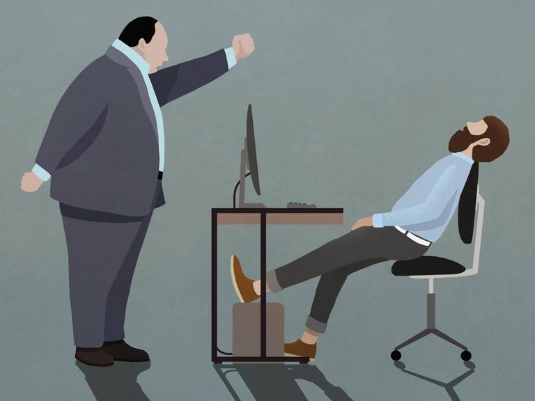 Ein wütender Chef schüttelt die Faust in Richtung eines schlafenden Angestellten am Schreibtisch (Illustration).