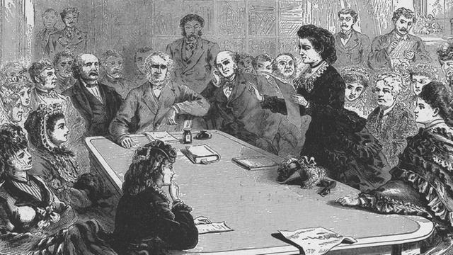 Victoria Clafin Woodhull bei einer Anhörung in einem Komitee des amerikanischen Kongresses 1871.