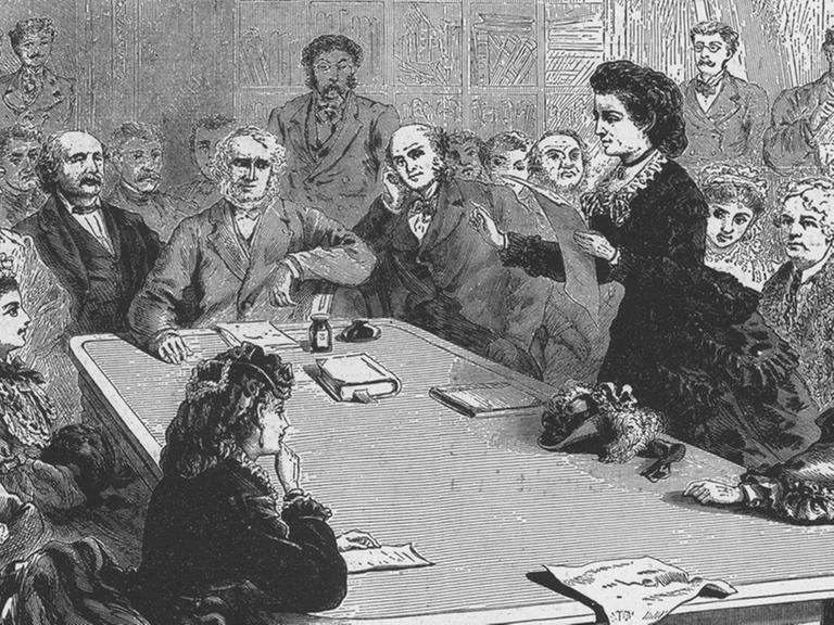Victoria Clafin Woodhull bei einer Anhörung in einem Komitee des amerikanischen Kongresses 1871.