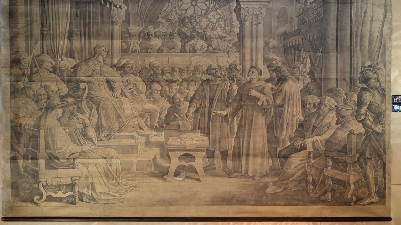 Das Gemälde "Luther auf dem Reichstag zu Worms" des Künstlers Julius Schnorr von Carolsfeld (1794-1872) wird am 26.01.2015 im Stadtmuseum in Meißen (Sachsen) erstmals nach der Restaurierung gezeigt. Das 307 x 363 cm Großkartongemälde zeigt eine Szene aus dem Jahr 1521, als Luther auf dem Wormser Reichstag vor Kaiser Karl V. steht und sich weigert, seine Lehren zu widerrufen. Foto: Arno Burgi/dpa | Verwendung weltweit Das Gemälde "Luther auf dem Reichstag zu Worms" des Künstlers Julius Schnorr von Carolsfeld (1794-1872) wird am 26.01.2015 im Stadtmuseum in Meißen (Sachsen) erstmals nach der Restaurierung gezeigt. Das 307 x 363 cm Großkartongemälde zeigt eine Szene aus dem Jahr 1521, als Luther auf dem Wormser Reichstag vor Kaiser Karl V. steht und sich weigert, seine Lehren zu widerrufen. Foto: Arno Burgi/dpa | Verwendung weltweit
