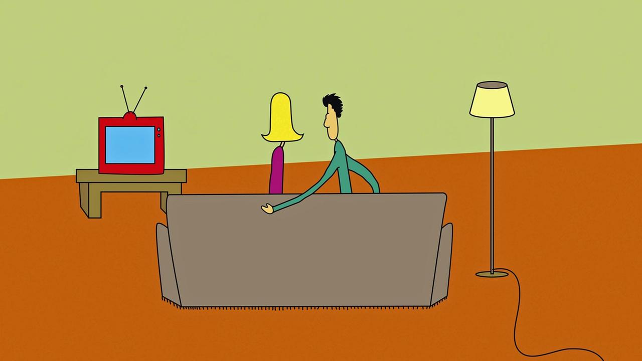 Eine Illustration zeigt eine Frau und einen Mann, die nebeneinader vor dem Fernseher auf dem Sofa sitzen.