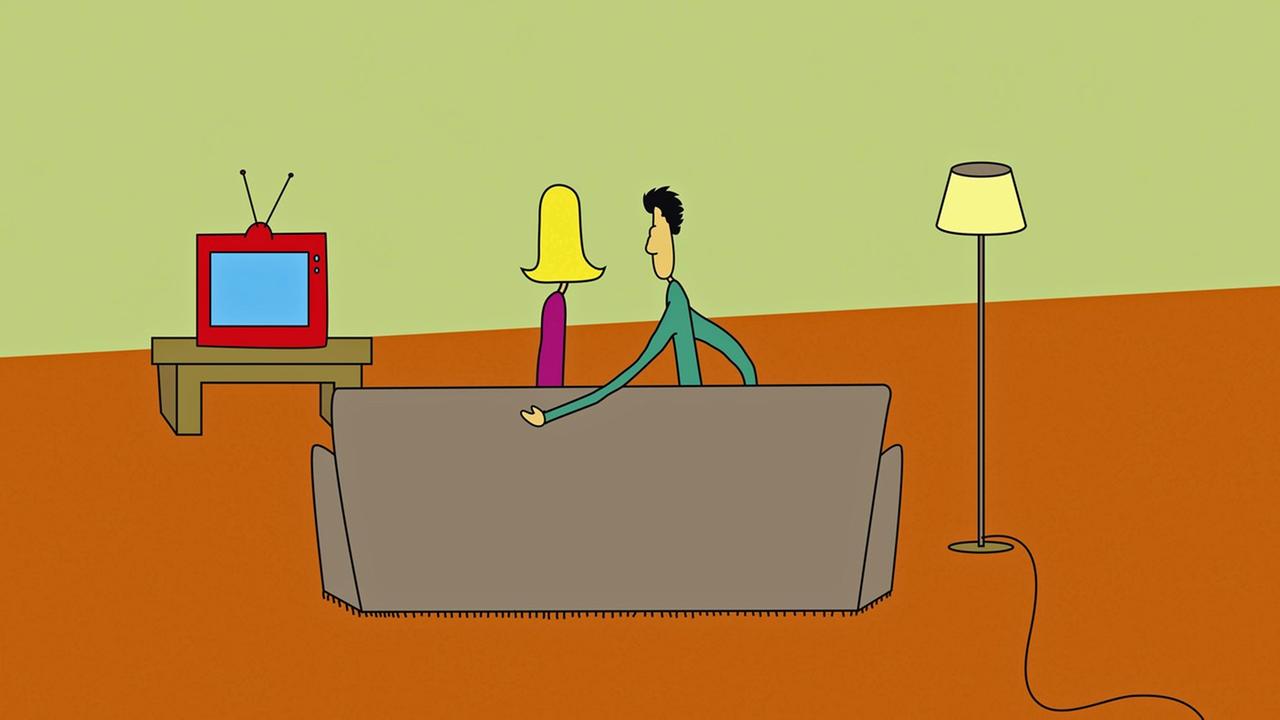 Eine Illustration zeigt eine Frau und einen Mann, die nebeneinader vor dem Fernseher auf dem Sofa sitzen. Eine Illustration zeigt eine Frau und einen Mann, die nebeneinader vor dem Fernseher auf dem Sofa sitzen.