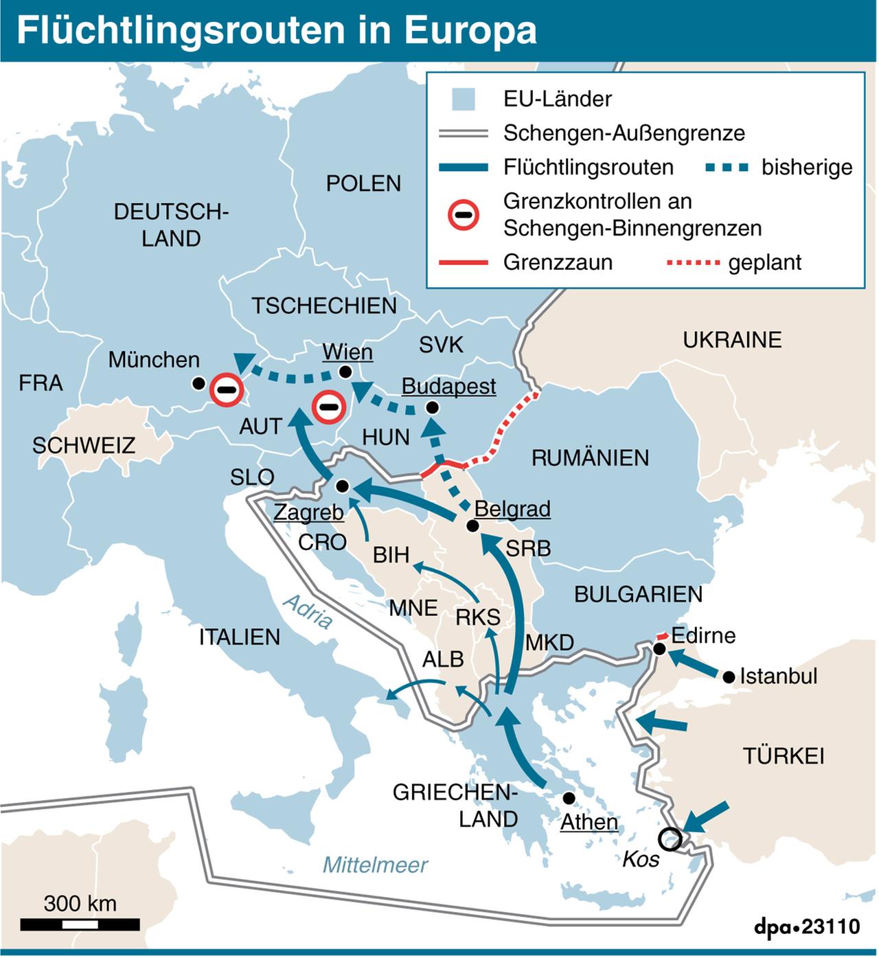 Flüchtlingsrouten nach der Schließung der ungarisch-serbischen Grenze