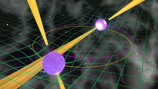 Kreisen zwei kompakte Neutronensterne umeinander, geben sie viele Gravitationswellen ab (künstlerische Darstellung)