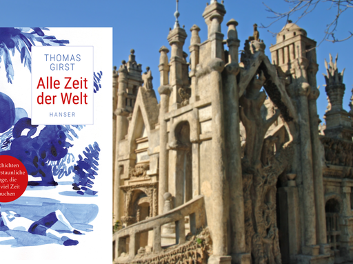 Im Vordergrund ist das Cover des Buches "Alle Zeit der Welt" von Thomas Girst. Im Hintergrund ist das sogenannte Palais Ideal in Hauterives in der Provence, das der französische Briefbote Ferdinand Cheval Anfang des 19. Jahrhunderts rund 33 Jahre lang baute.