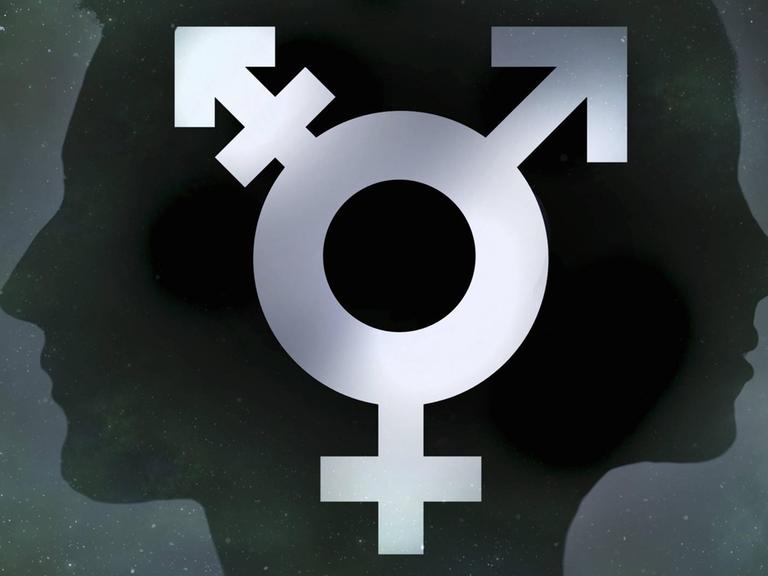 Vor der Silhouette eines Mannes und einer Frau sind Geschlechtersymbole abgebildet.