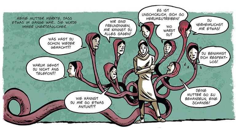 Comicpanel aus "Liebe auf Iranisch" - eine vielköpfige Mutter umringt eine junge Frau und macht ihr vielfache Vorwürfe Comicpanel aus "Liebe auf Iranisch" - eine vielköpfige Mutter umringt eine junge Frau und macht ihr vielfache Vorwürfe