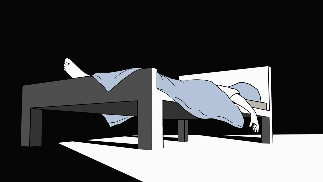 Illustration eines Menschen, der nicht aus dem Bett kommt. Das Zimmer ist dunkel und er liegt erschöpft unter der Decke. Illustration eines Menschen, der nicht aus dem Bett kommt. Das Zimmer ist dunkel und er liegt erschöpft unter der Decke.