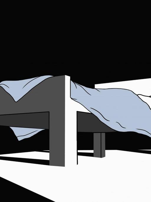 Illustration eines Menschen, der nicht aus dem Bett kommt. Das Zimmer ist dunkel und er liegt erschöpft unter der Decke.