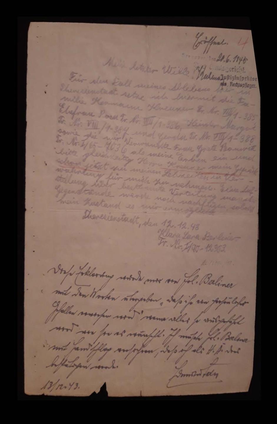 Klara Berliners handschriftliches Testament Klara Berliners handschriftliches Testament
