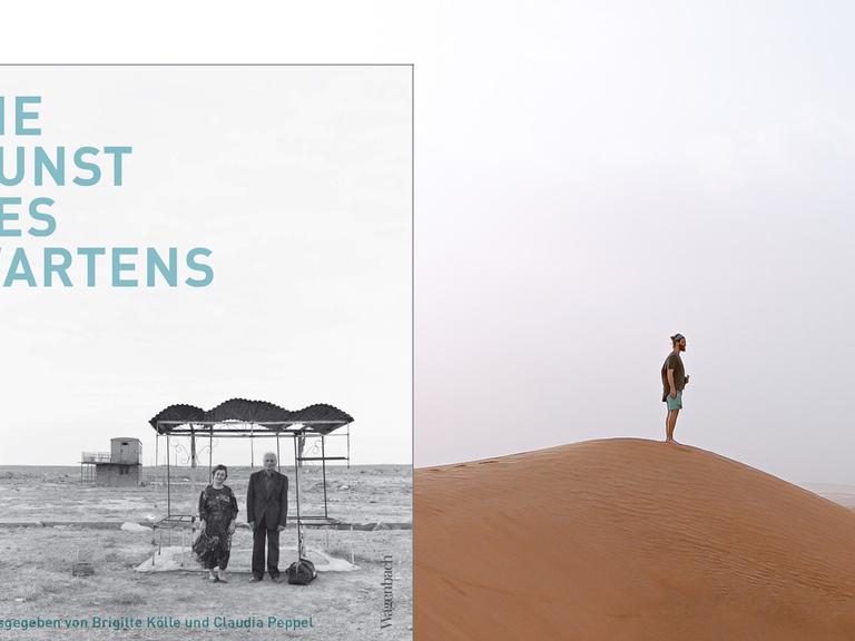 Cover von Brigitte Kölles und Claudia Peppels Buch "Die Kunst des Wartens". Das Buchcover zeigt ein SW-Foto von einem älteren, wartenden Paar. Im Hintergrund ist eine Wüstenlandschaft zu sehen, in der ein Mann steht.