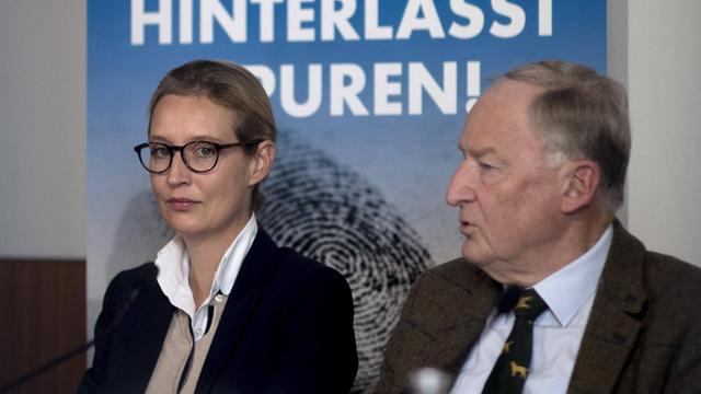 Alice Weidel, Spitzenkandidatin der AfD, und Alexander Gauland, Spitzenkandidat der AfD, (v.l.n.r.), während der Pressekonferenz der AfD, Alternative fuer Deutschland, zum Thema Islamische Zuwanderung und Kriminalität.