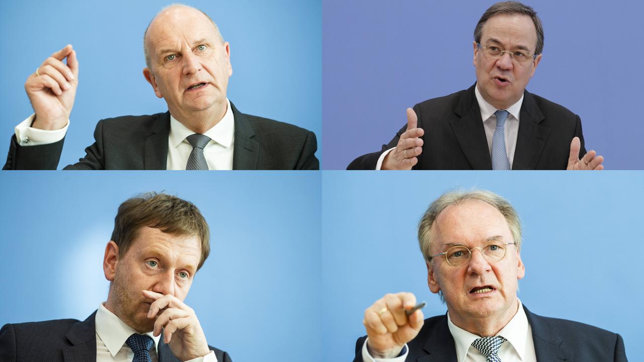 Die Ministerpräsidenten Woidke (SPD), Laschet (CDU), Kretschmer (CDU),Haseloff