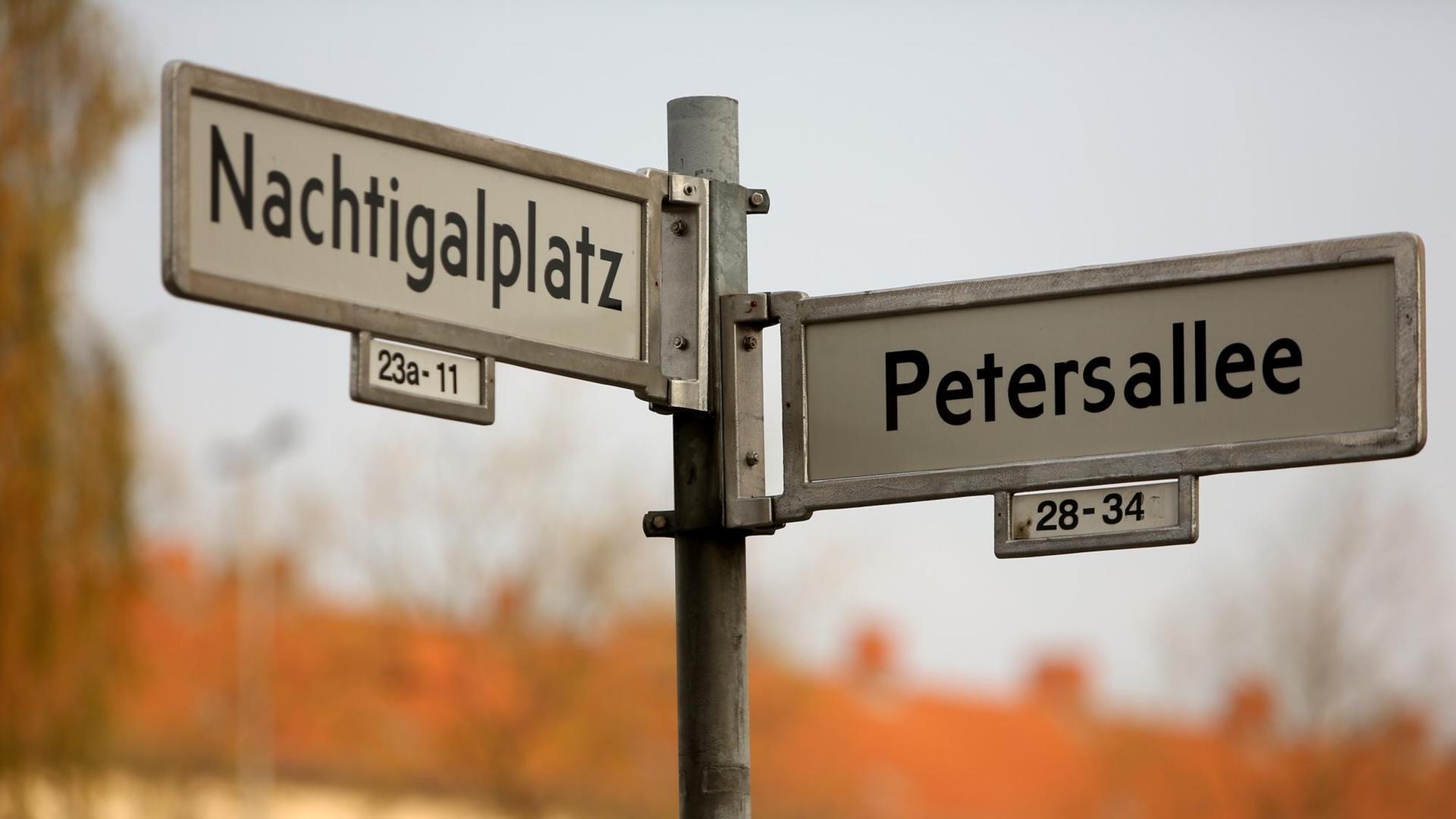 Ein Straßenschild von Nachtigalplatz und Petersallee im Afrikanischen Viertel in Berlin Wedding vor unscharfem Hintergrund. Ein Straßenschild von Nachtigalplatz und Petersallee im Afrikanischen Viertel in Berlin Wedding vor unscharfem Hintergrund.